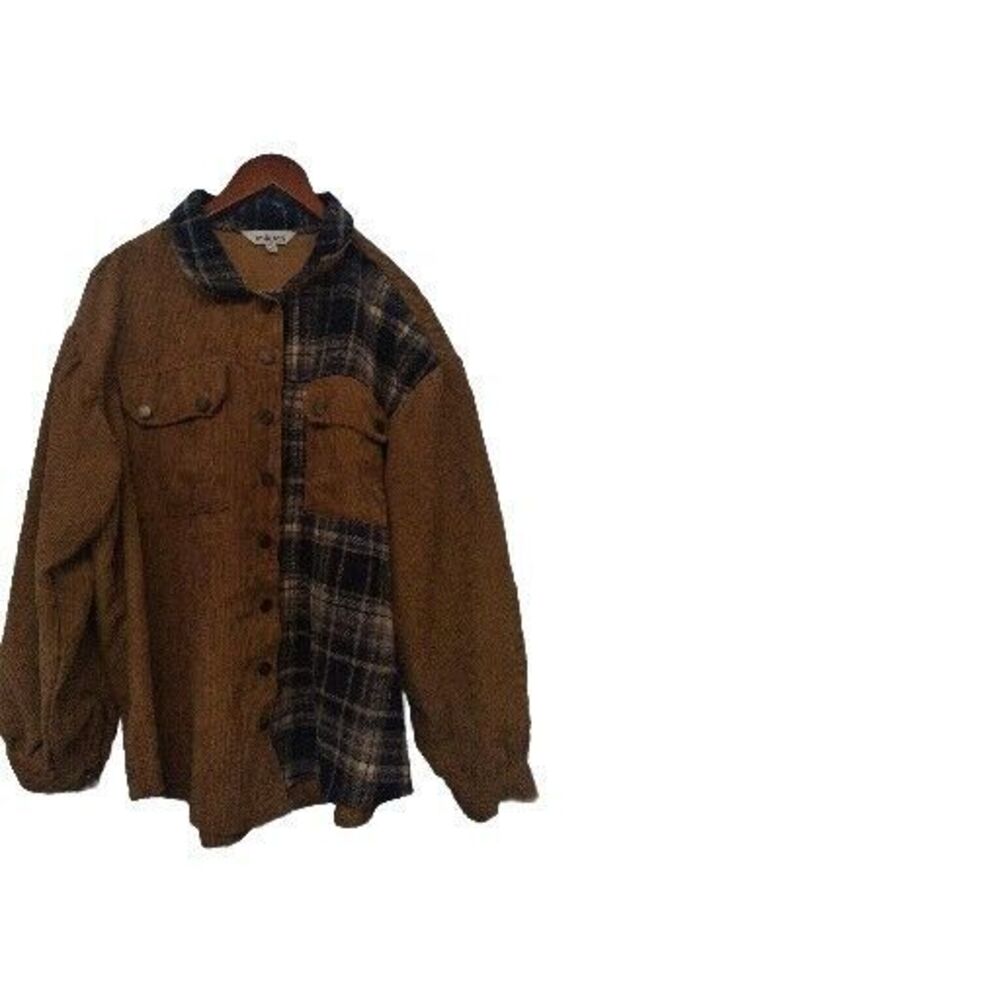 Vintage Style Corduroy Plaid Panel Shirt Jacket Brown Oversize Grunge‎ Button